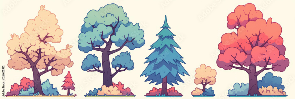 Aufkleber colorful stylized trees in various shapes and sizes displayed in a whimsical arrangement
