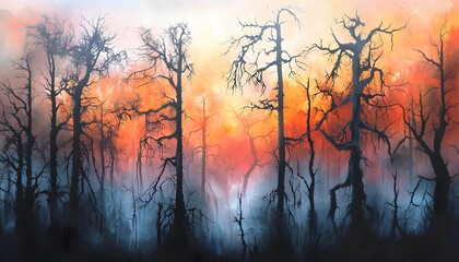 Obraz premium A dramatic forest at twilight with vibrant orange and pink skies visible through the silhouetted trees, creating a serene yet mysterious atmosphere