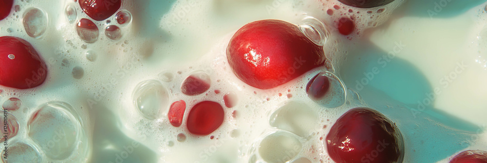 Aufkleber cranberry halves floating in soy milk creating dynamic ripples and foam textures