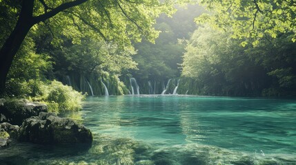 Obraz premium Serene Waterfall Pool in Lush Forest