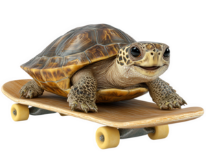 turtle with funny expression is sitting on skateboard, showcasing playful and whimsical scene. This charming image captures joy of turtle enjoying ride