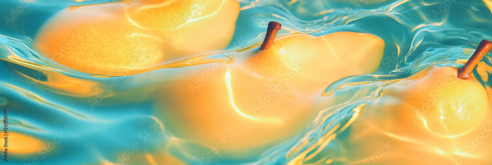 Aufkleber soy milk with pear slices creating ripples in a vibrant blue background for a banner
