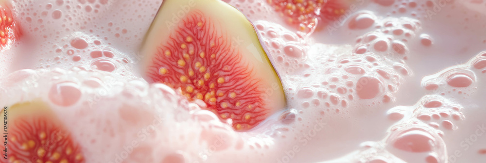 Poster Sliced fig floating in creamy soy milk creating ripples and textures on smooth surface