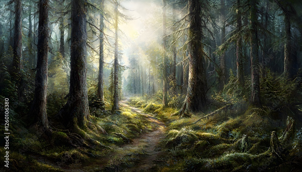 Aufkleber A serene forest path with sunlight filtering through tall trees, creating a dappled light effect on the mossy ground and dense greenery