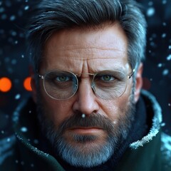Focused man with glasses in a snowy environment displaying determined expression with blurred lights in the background