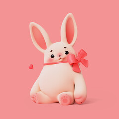 Plush toy of simple fat cute funny kawaii fluffy cartoon white easter bunny with eyebrows, ears, cheeks, soft paws and red bow tied around the neck in sitting playful pose. 3d render pink background.