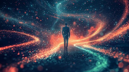 Journey Through Space and Light, Man Walking in Cosmic Background