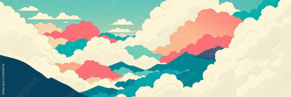 Poster stylized mountains with vibrant rainbow arches and fluffy clouds for a colorful banner background