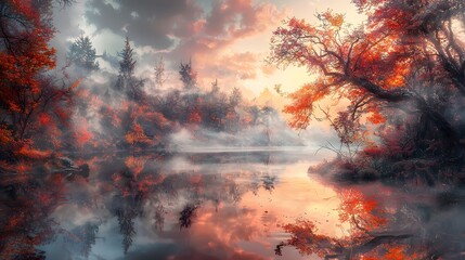 A serene lake surrounded by autumn trees, with the vibrant red and orange leaves reflected perfectly in the still water and soft morning light