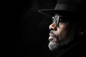 Man with a black hat and glasses gazes thoughtfully against a dark background