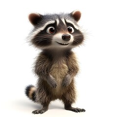 Fototapeta premium Cute cartoon raccoon standing, white background, children's book illustration