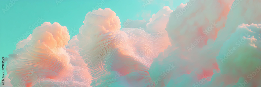 Poster soft cloud textures and line patterns create an airy atmosphere in pastel hues