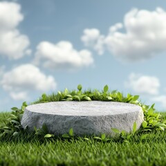 Empty blue round podium surrounded by natural greenery and spring sky with soft clouds