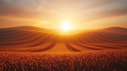 Obraz premium Golden Wheat Field Under Beautiful Sunrise with Soft Horizon Glow