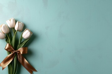 Muted grayish-purple tulips with bronze ribbon against a light teal background create an elegant floral arrangement