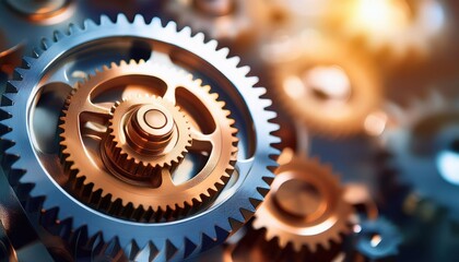 Close-up gears of the mechanism with copy space, industrial and technical concept of engineering, manufacturing, automation

