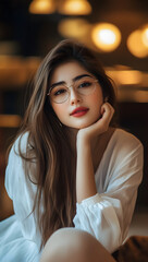 Stylish Young Woman with Glasses in Soft Warm Lighting

