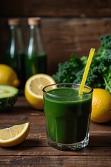 Fototapeta premium A vibrant glass of green detox juice placed on a wooden table, surrounded by fresh ingredients like kale, lemon, and ginger, with a glowing healthy aura around it.