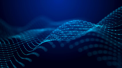 Big data visualization. The musical stream of sounds. Abstract background with interweaving of dots . 3D rendering.
