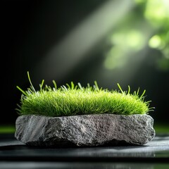 Elegant gray podium with lush grass placed in a tranquil natural spring setting during daylight