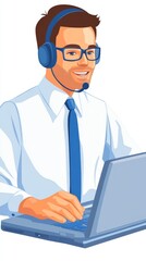 Professional man in a headset working on a laptop, engaged in customer support from a modern office