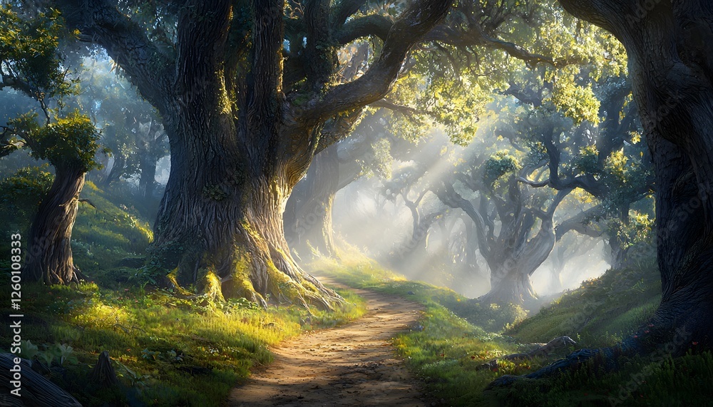 Poster a peaceful forest path bathed in soft morning light, with tall ancient trees lining the trail and lu