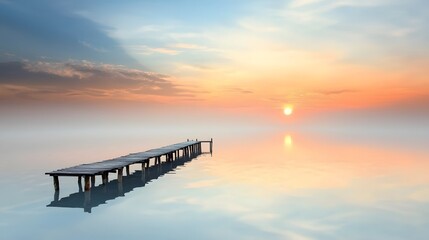 Obraz premium A tranquil lake at sunset, with the water's surface perfectly mirroring the fiery colors of the sky, while a lone wooden pier extends into the stillness of the scene