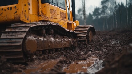 Yellow bulldozer stuck in deep mud during work