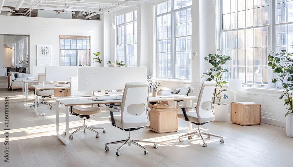 Poster a minimalist workspace featuring sleek white furniture, neutral-toned decor, and soft natural light 