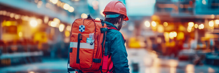 On-Site Responder: Orange Helmet and First Aid Kit at Industrial Facility, Ready for Action and Safety Protocols, Design for Print, Card, Poster