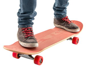 Skateboarder standing on red skateboard, ready for action. shoes are worn, and jeans are casual, showcasing relaxed vibe