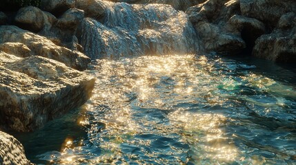 A crystal-clear stream gently cascading between porous, weathered rocks, sunlight reflecting off the water, earth-toned hues, high detail, photorealistic style