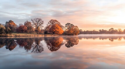 A serene autumn lake surrounded by trees with vibrant red and orange leaves, perfectly reflected in the still water under a soft golden glow