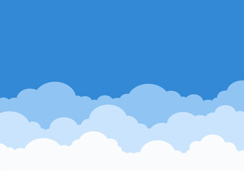 Blue sky with different clouds, multi-layered illustration of an abstract cloud landscape, flat design. A heavenly simple background with an empty space for text, hand-drawn. Background for the banner