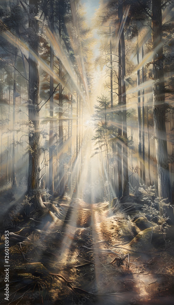 Aufkleber A tranquil forest scene with sunlight streaming through a canopy of tall trees, casting intricate patterns of light and shadow on the mossy ground