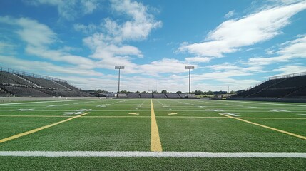 An empty stadium field with clear markings, open seating, and a bright, sunny sky above for an optimistic feel.