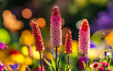 Colorful Spiky Flowers in Full Bloom with a Vibrant Garden Background

