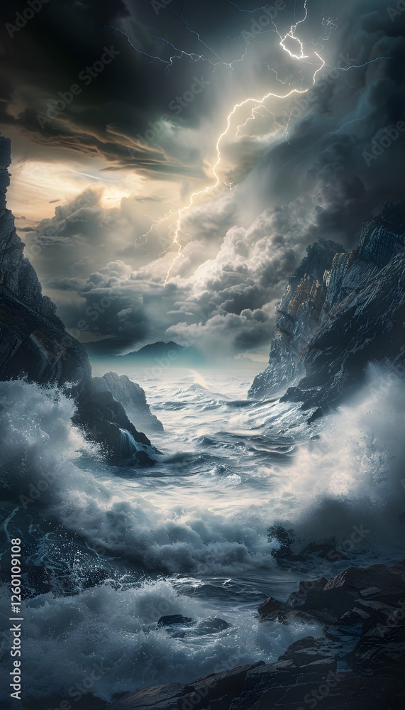 Poster a dramatic stormy ocean with towering waves crashing against a rugged coastline, illuminated by flas
