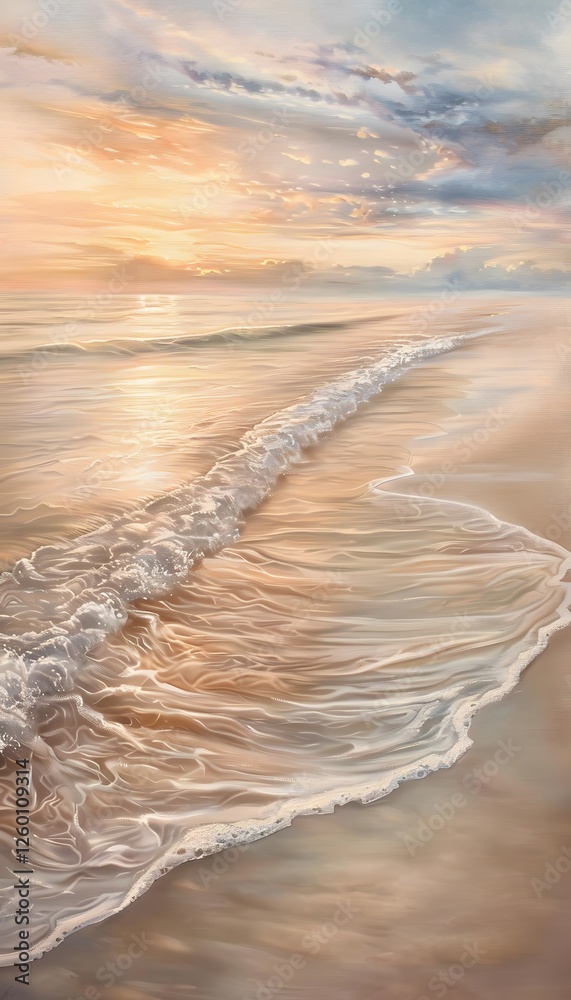 Poster a serene beach scene at sunrise, with gentle waves washing over smooth sands and the warm light crea