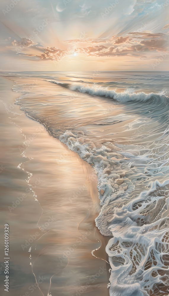 Aufkleber a serene beach scene at sunrise, with gentle waves washing over smooth sands and the warm light crea