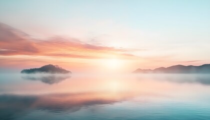 Fototapeta premium A cinematic sunrise over a calm lake, with soft pink and orange hues reflecting perfectly in the still water, surrounded by misty hills in the background