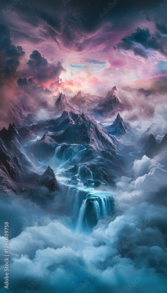 Poster a surreal dreamscape featuring floating mountains and cascading waterfalls glowing under a vibrant p