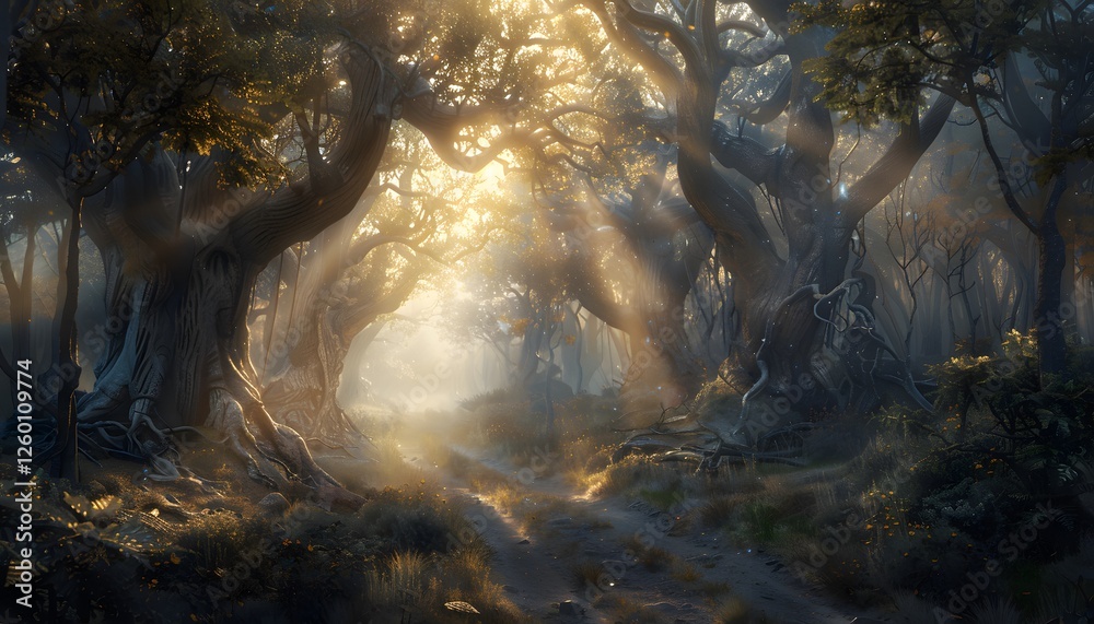 Poster a peaceful forest path surrounded by tall ancient trees, sunlight filtering through the dense canopy