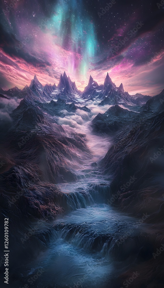 Poster A surreal dreamscape featuring floating mountains and cascading waterfalls glowing under a vibrant purple and teal aurora, creating a bold and abstract cinematic composition