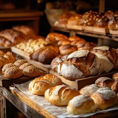 Artisan Breads and Rolls on Wooden Shelves
