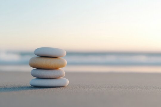 Balanced stones create serene focal point against tranquil seasc