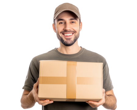 man smiling while holding cardboard package, representing online shopping delivery. His cheerful expression conveys satisfaction and excitement