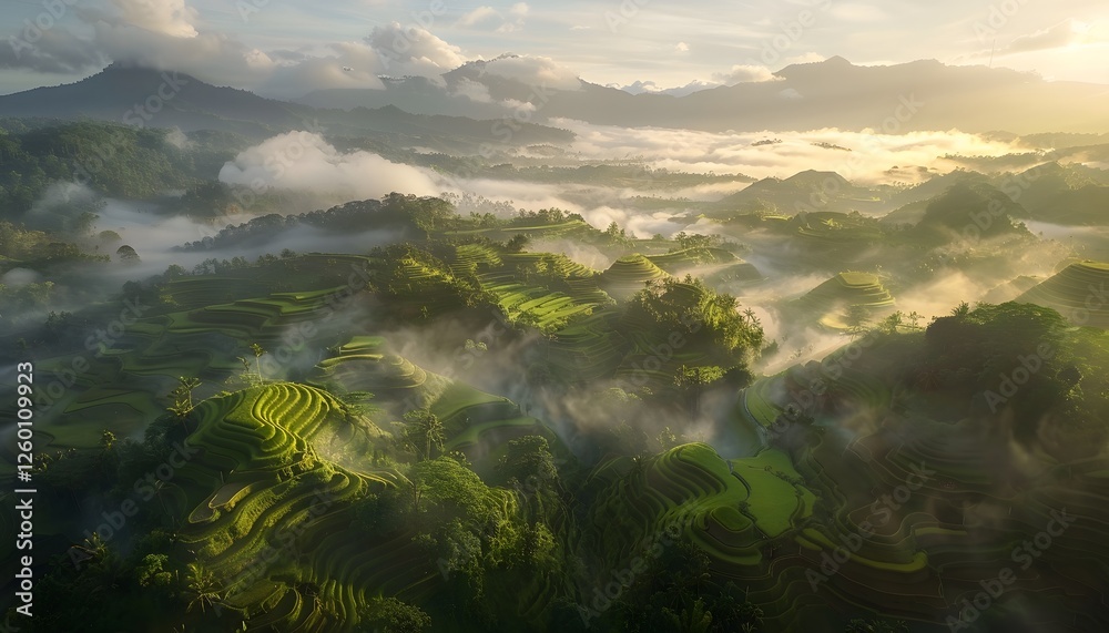 Aufkleber a dynamic aerial view of terraced rice fields, with soft mist rolling over the lush greenery, intric