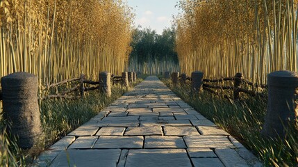 Fototapeta premium A bamboo forest path leading into the distance, with open space in the foreground for adding promotional content.