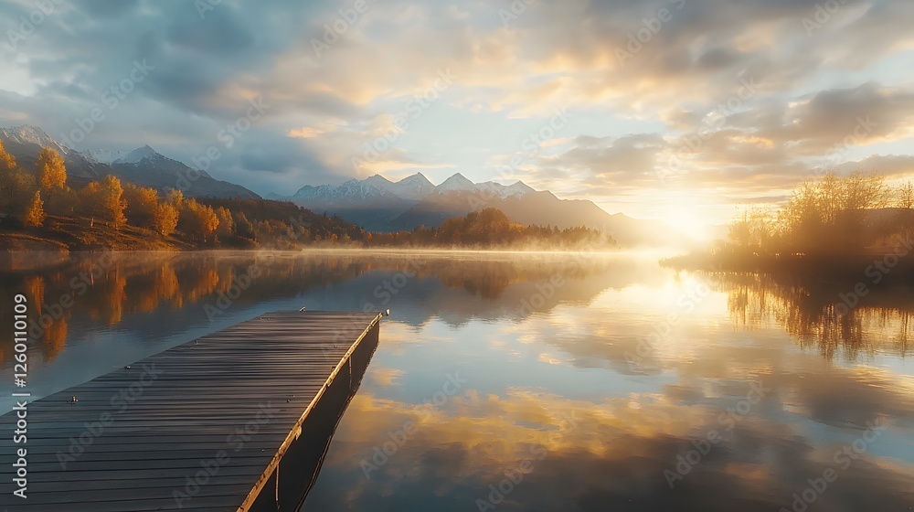 Aufkleber a serene lakeside view at sunrise, with a wooden dock extending into the still water, mountains refl
